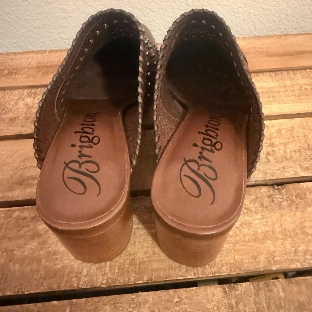 Brighton Manet Leather Shoes Mules Laser Cut Studded Brown Sienna ‎ Size 11 Boho